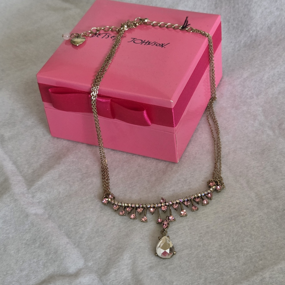 Betsy Johnson Gold-Tone Pink Crystal Drop Statement Necklace